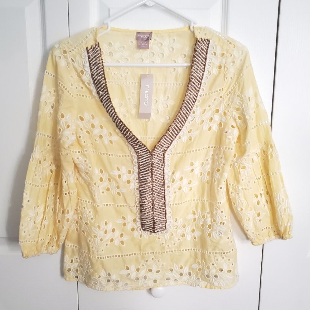 ✨️ CHICOS Light Yellow Eyelet Beaded Blouse New with Tags